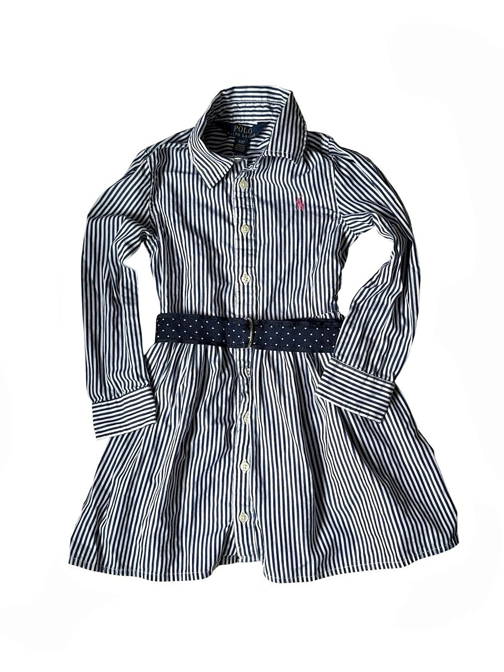 Polo Ralph Lauren Striped Cotton Shirtdress with Polka Dot Belt Blue & White